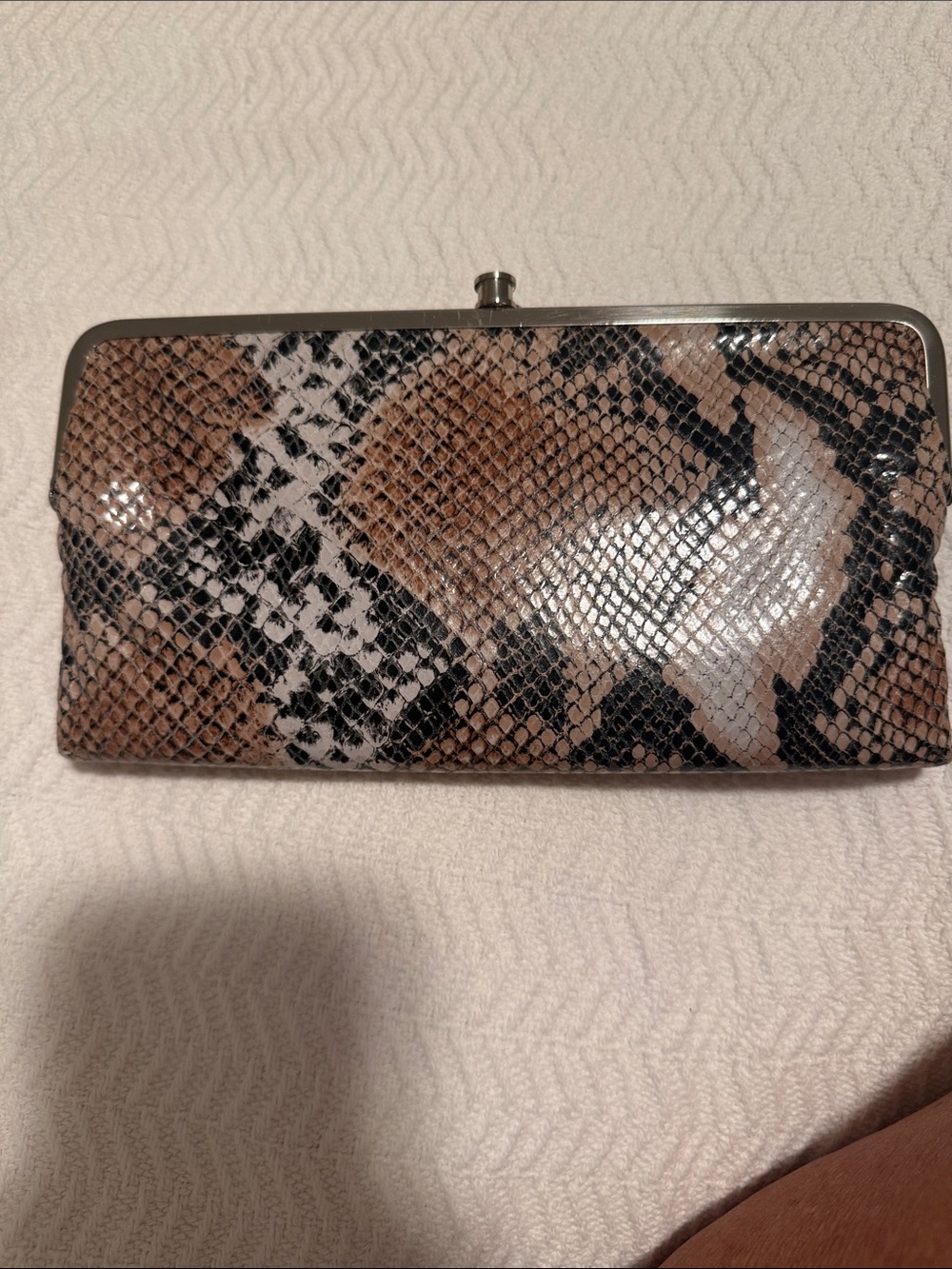 HOBO Snake-Print Glossy Frame Clutch in Brown, Black & White